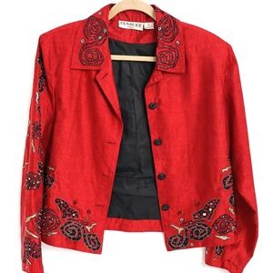 Vintage Red 100% Silk Embroidered Jacket Bohemian Folk Art Statement Jacket‎